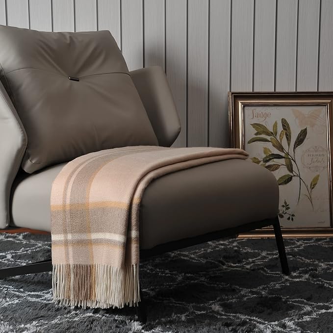EP Mode 100% Pure Cashmere Throw Blanket for Sofa, Classic Design with Gift Box (Beige Border)