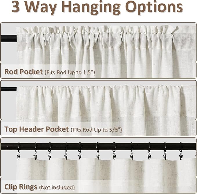 Guken Linen Curtains 84 Inches Long 2 Panel Set Rod Pocket Semi Sheer Dining Room Cozy Bedroom Decor Cotton Look Country Rustic Farmhouse Boho Curtains Beige White, 52x84