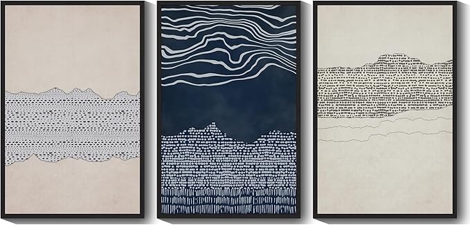 KUVIOKE Navy Blue Abstract Framed Wall Art Modern Neutral Minimalist Wooden Pastel Boho Wall Decor Farmhouse Rustic Art Painting Home Decor 24x36in (Black Framed)