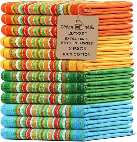 Urban Villa Salsa Stripe Kitchen Towels 100% Cotton Dish Towels for Kitchen Multi Color Highly Absorbent Multi-Purpose Waffle Dish Cloths for Cleaning Soft Hand Bar Towels 20x30 Inches (Set of 12)