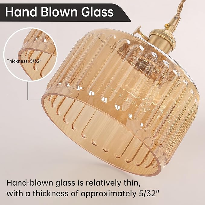 Pendant Light with Amber Striped Glass Lmapshade, Brass Vintage Pendant Light Adjustable Hanging Light for Kitchen Island Dining Room Hallway