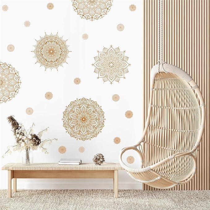 Kazova's Brown Mandala Wall Decals Lotus Flower Yoga & Heart Chakra Stickers Boho Lotus Decor & Headboard Sticker Removable Wall Art Sticker for Bedroom Living Room Decor