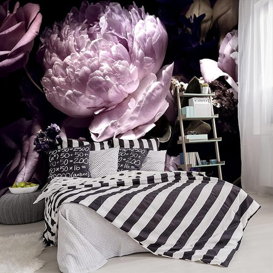 -Black Peony Purple Floral Botanical Fabric Wallpaper Living Room Bedroom Bathroom Dark Flowers Large Wall Mural- 183"x120"（ not Peel and Stick）