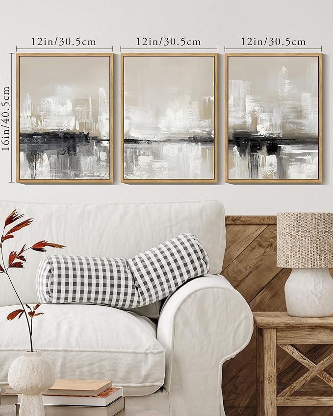 KUVIOKE Abstract Gray Framed Wall Art Neutral Brown Artwork Painting Morden Minimalist Wall Decor Rustic Home Decor 12x16in (Natural Framed)
