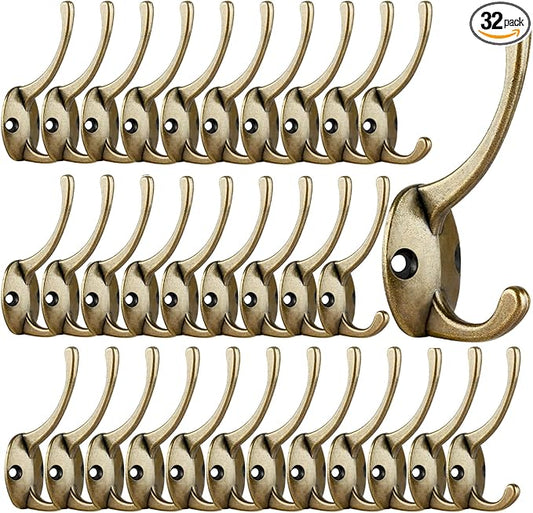IBosins 32 Pack Antique Brass Coat Hooks Wall Mounted with 64 Screws Retro Double Hooks Utility Hooks for Coat, Scarf, Bag, Towel, Key, Cap, Cup, Hat
