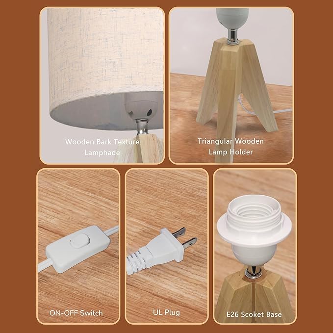 Tripod Table Lamp, Wooden Desk Lamp with Linen Beige Lampshade, 14.37 in Small Bedside Lamps, Birch Color Wooden E26 Base Lamps for Night Stands, Home, Office, Living Room, Dorm(Bohemian)