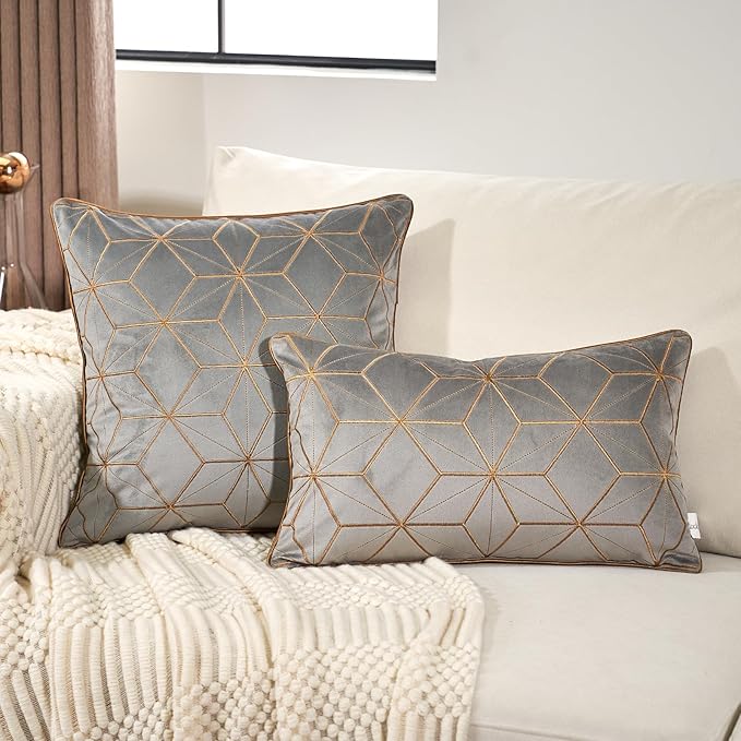 Aeckself Gray Velvet Pillow Cover 16 x 16 Inch, Luxury Modern Square Gold Plaid Geometric Embroidery Decorative Throw Pillow Cover for Couch Living Room Bedroom