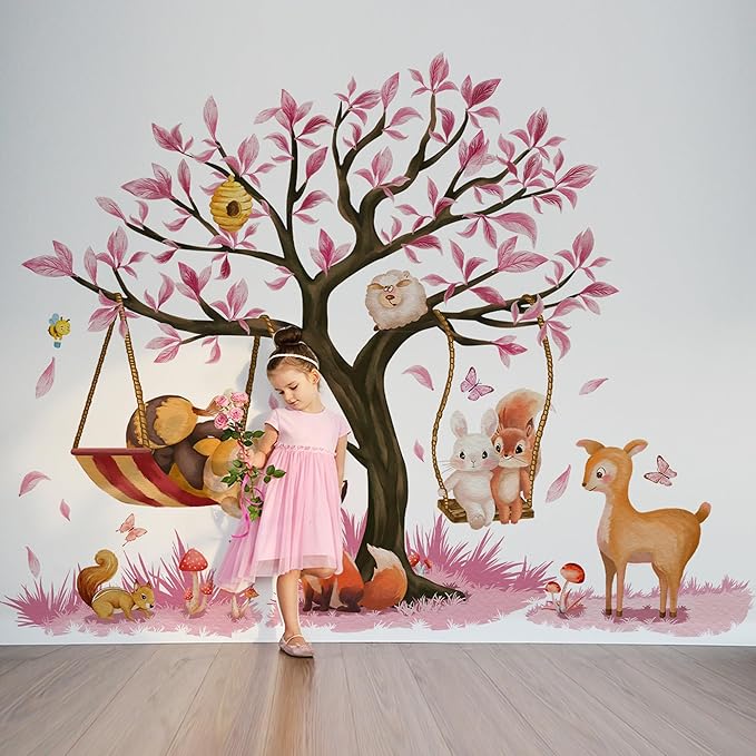 Cute Jungle Theme Wall Stickers Removable Animal Forest Wall Decals Elephant Monkey Lion Giraffe Zebra Peel and Stick Tropical Wall Art Decor for Nursery Bedroom Classroom (Pink)