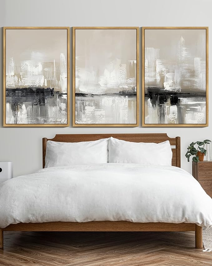 KUVIOKE Abstract Gray Framed Wall Art Neutral Brown Artwork Painting Morden Minimalist Wall Decor Rustic Home Decor 24x36in (Natural Framed)