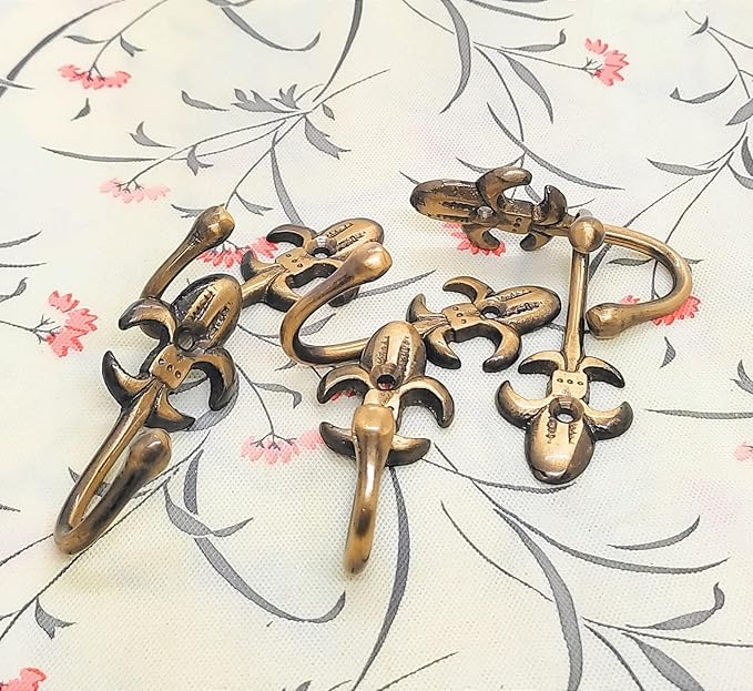 Multipurpose Hooks, Used to Hang Clothes, Bags, Coats, Curtain Hold Backs, Keys, Colour - Antique Gold, Material - Brass, Royal Design, Screws and Wallplugs Included, Pack of 4 Pieces
