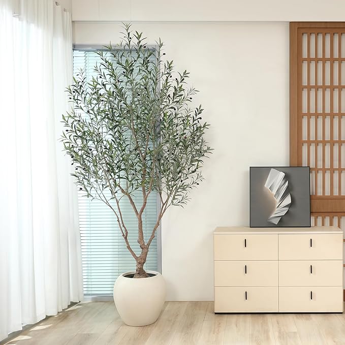 Olive Trees Artificial Indoor, 8 Feet Tall Faux Olive Tree with Round Artisan Planter, Premium Handmade, Realistic Trunk & Lifelike Leaves, Perfect for Large Spaces & Elegant Home/Office Decor