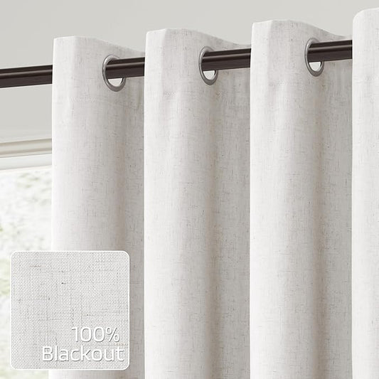 Linen Black Out Curtains 84 Inch Long for Living Room Grommet Neutral Cream Blackout Curtain Burlap Textured Thermal Insulated Energy Saving Block Out Curtains for Bedroom Windows, Natural 52Wx84L