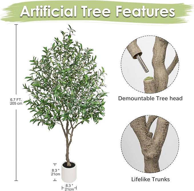 Hollyone Faux Olive Tree 7Feet Tall Fake Olive Tree 7FT with Pot Indoor Lifelike Wood Trunk and Fruits Large Potted Artificial Tree Plant with Tall Ceramics Pot Planter Housewarming Home Decor Gift