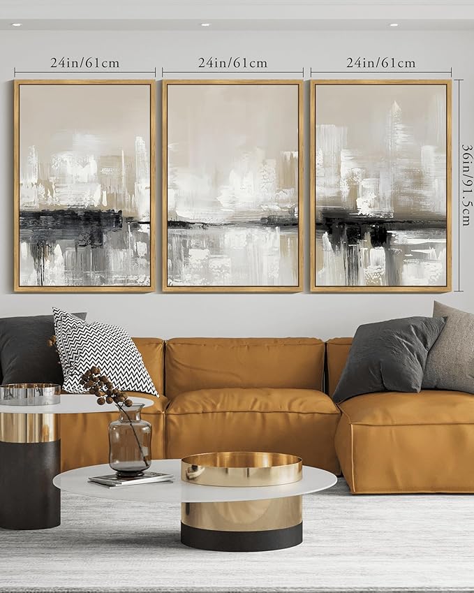 KUVIOKE Abstract Gray Framed Wall Art Neutral Brown Artwork Painting Morden Minimalist Wall Decor Rustic Home Decor 24x36in (Natural Framed)