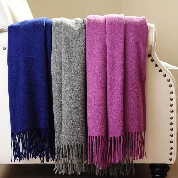 CUDDLE DREAMS Premium Cashmere Throw Blanket with Fringe, Luxuriously Soft (Plum)