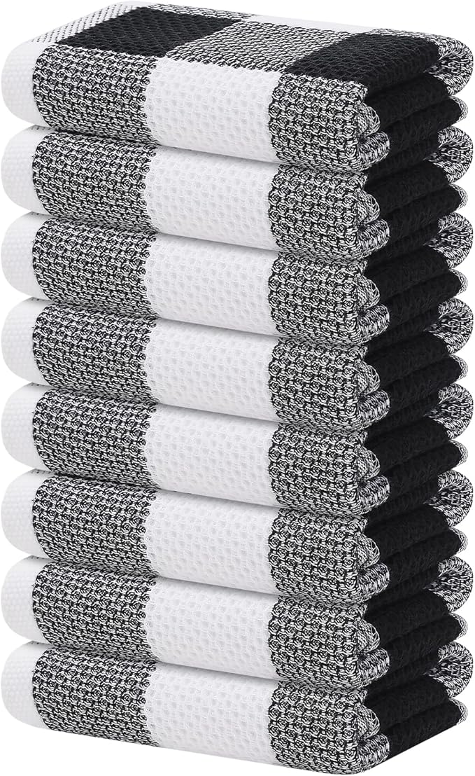 Homaxy 100% Cotton Waffle Weave Check Plaid Kitchen Towels, 13 x 28 Inches, Super Soft and Absorbent Dish Towels for Drying Dishes, 8-Pack, White & Black