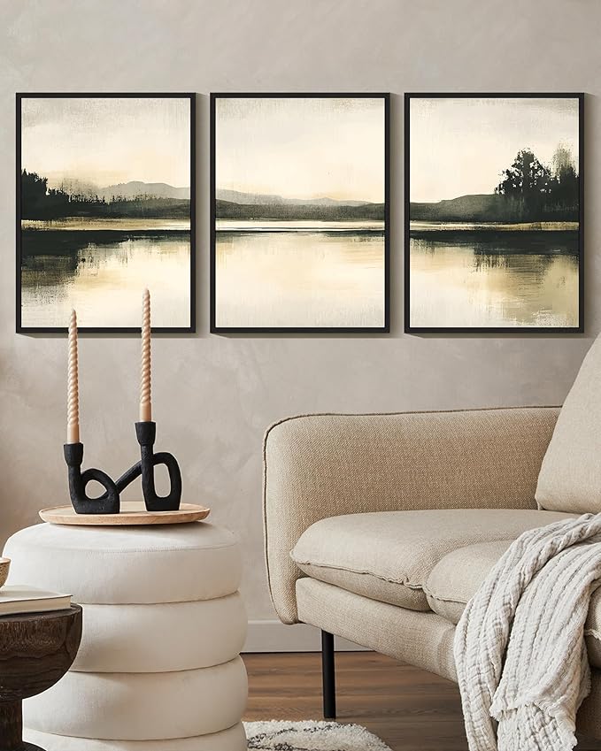 KUVIOKE Watercolor Abstract Mountain Lake Framed Wall Art Brown Landscape Nature Wilderness Painting Nordic Neutral Tan Illustration Decorative Home Decor 12x16in (Black Framed)