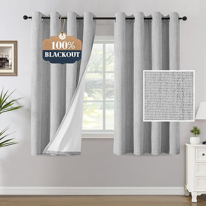 H.VERSAILTEX Chenille Linen Blackout Curtains for Bedroom 63 Inches Long Thermal Insulated Textured Linen Look Curtains with White Flocking Coating Back, Heathered Glacier Gray(Not Solid)