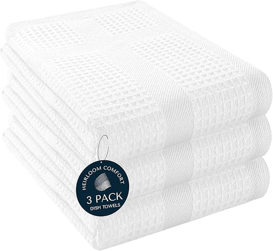 3 Pack White Waffle Weave Kitchen Towels, 100% Cotton, 16"x26", Super Absorbent, Quick Dry Dishcloth Set with Hanging Loop, Soft for Drying Dishes, Cleaning, Hand Towels, Durable