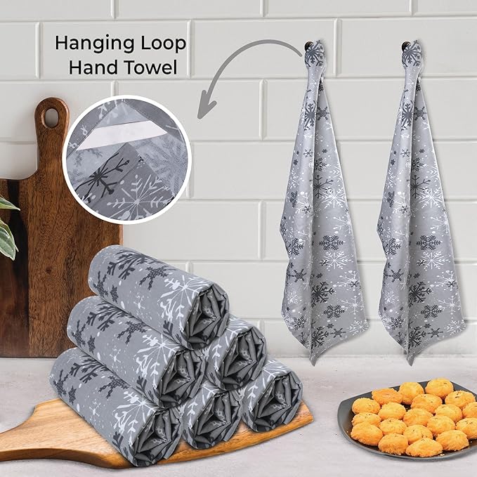 Urban Villa Christmas Kitchen Towels Grey Snowflake Print Premium Quality 100% Cotton Dish Towels Mitered Corners Over Sized 20X30 Inches Set of 6 Highly Absorbent Kitchen Towels with Hanging Loop