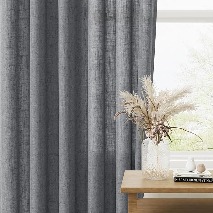 Guken Dark Grey Linen Curtains 108 Inches Long 2 Panel Set Rod Pocket Semi Sheer Dining Room Cozy Bedroom Decor Cotton Look Country Rustic Farmhouse Boho Curtains 52x108