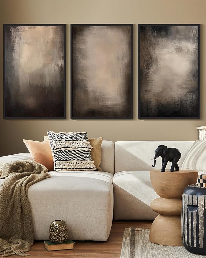 KUVIOKE Abstract Framed Wall Art Set Earthy in Deep Brown and Beige Tones Modern Art Decorative Home Decor 16x24in (Black Framed)