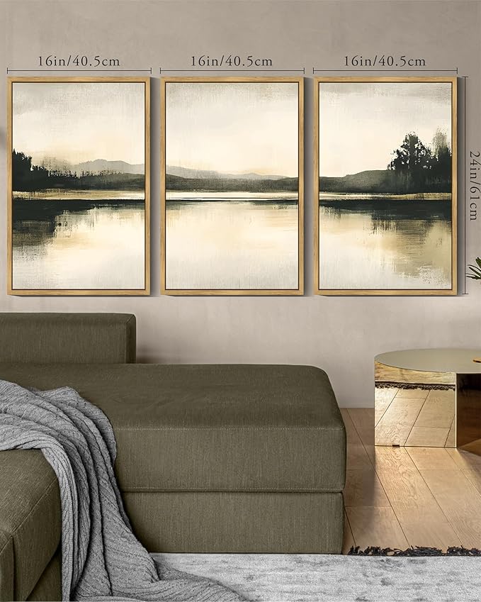 KUVIOKE Watercolor Abstract Mountain Lake Framed Wall Art Brown Landscape Nature Wilderness Painting Nordic Neutral Tan Illustration Decorative Home Decor 16x24in (Natural Framed)