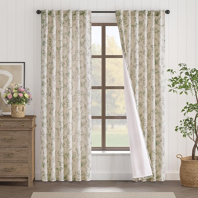 Lazzzy Green Floral Lined Linen Farmhouse Curtains 84 Inch Long Back Tab Drapes for Living Room Bedroom Light Filtering Vintage Rod Pocket, 2 Panels, Green on Beige