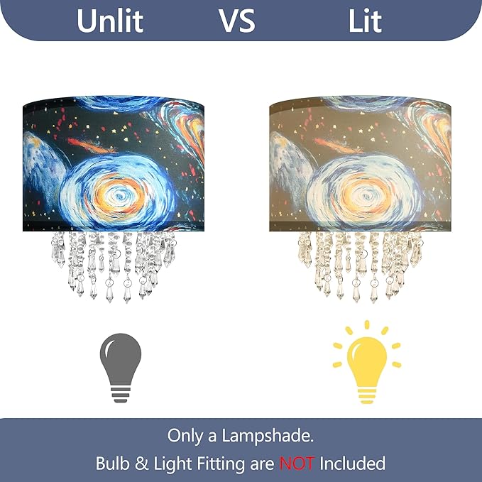 Star Vision Universe Themed Fabric Lampshade with Crystal Beaded Droplets, Space Planet Sun Light Shade for Pendant Table Wall & Floor Lamps, Space Lover Children Kid Bedroom Decor