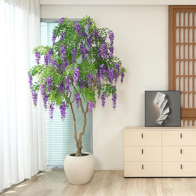 Blooming Wisteria Tree, 8ft Artificial Violet Tree with Round Artisan Planter, Premium Handmade, Realistic Trunk & Lifelike Leaves, Perfect for Large Spaces & Elegant Home/Office Decor