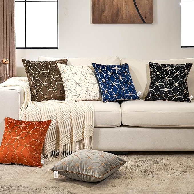 Aeckself White Gold Plaid Geometric Throw Pillow Cover 18x18 Inch, Soft Velvet Embroidery Modern Square Decorative Pillow Cover with Stitched Edge for Couch Living Room Bedroom