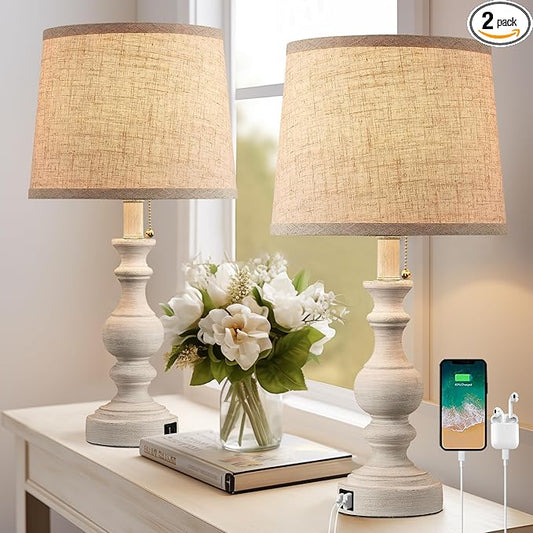 Farmhouse Table Lamps for Bedroom Set of 2 Bedside Lamps for Nightstand with USB C+A Charging Ports Traditional Side Table Lamps for Living Room Study Room, Pull Chain Switch, Bulbs Not Included
