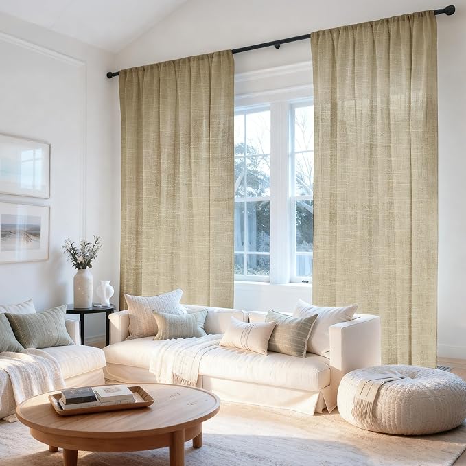 HESTIA Linen Curtains 63 inches Long for Living Room 2 Panels Set Khaki Drapes 70% Blackout Privacy Khaki Light Filtering Country Rustic Farmhouse Curtain for Home Office (63" L x 52" W)