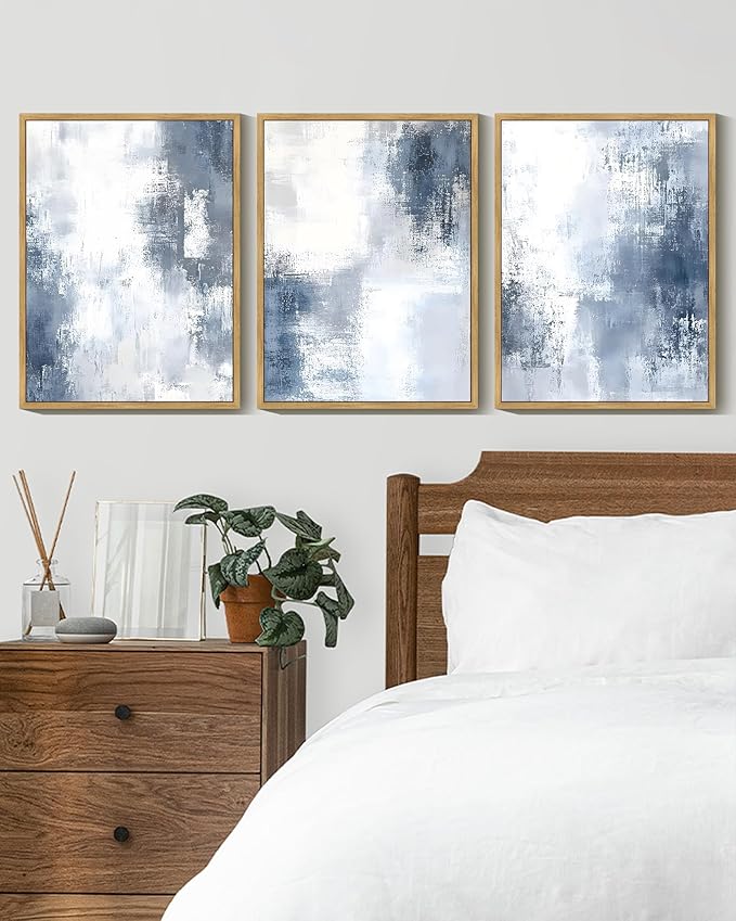 KUVIOKE Navy Blue and Gray Abstract Framed Canvas Wall Art Brush Strokes Block Shape Pastel Wall Decor Modern Minimalist Art Painting Home Decor 12x16in (Natural Framed)