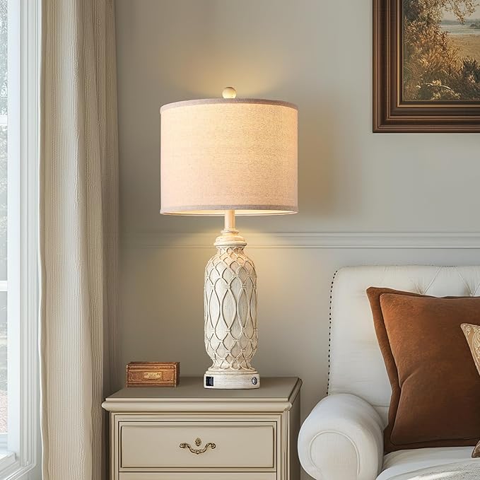 Farmhouse Lamps for Living Room Set of 2, 28" Table Lamps for Bedroom with USB A+C Charging Ports, Touch Lamps for Nightstand, 2 Bulbs Included