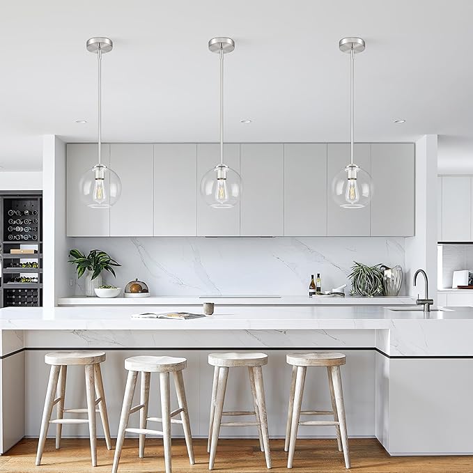 7 Inch Nickel Modern Pendant Lights Kitchen Island Mid Century Modern Pendant Light Fixtures with Clear Glass Globe Modern Hanging Pendant Light for Bathroom Bedroom （Bulb Incl）