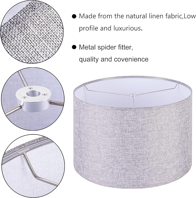 Wellmet 16"x16"x12" Assembly Required Lampshade for Table Lamp, Bedside Lamp, Floor Lamp, Fabric Drum Lampshade Classic Modern Style, Spider Fitter, Grey