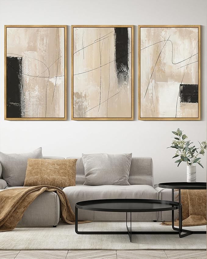 KUVIOKE Abstract Framed Wall Art Minimalist Beige Pastel Watercolor Neutral Wall Decor Modern Black Line Art Painting Home Decor 16x24in (Natural Framed)