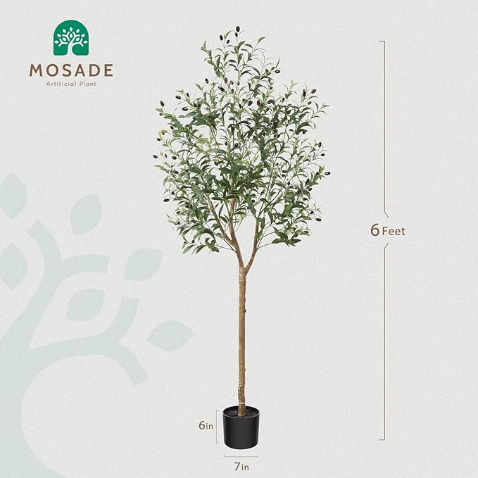 Artificial Olive Tree 6FT – Tall Faux Tree with Realistic Silk Leaves, Handmade Seagrass Basket, Low-Maintenance Large Fake Plants for Modern Office, Floor & Home Decor, Living Room, Indoor Plants