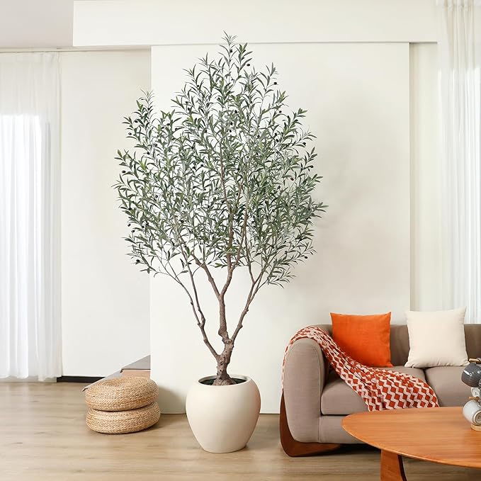 Olive Trees Artificial Indoor, 8 Feet Tall Faux Olive Tree with Round Artisan Planter, Premium Handmade, Realistic Trunk & Lifelike Leaves, Perfect for Large Spaces & Elegant Home/Office Decor