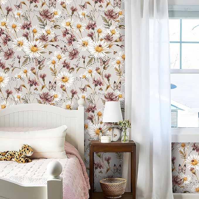 Livelynine 17.5x591" Peel and Stick Wallpaper Floral Purple Gray Daisy Vintage Butterfly Flower Wall Paper for Bathroom Waterproof Retro Wildflower Botanical Contact Paper for Cabinets Self Adhesive