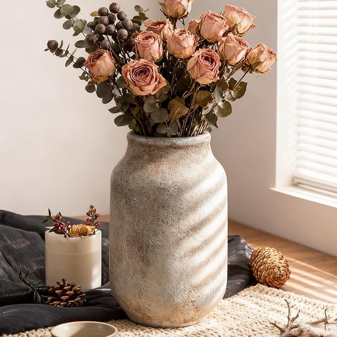 Rustic Ceramic Farmhouse Flower Large Vase, Whitewashed Terra Cotta Vase, Pottery Decorative Flower for Home Decor, Table, Living Room Decoration, Shelf Decor, Mantel, 9.5 Inch, Terra