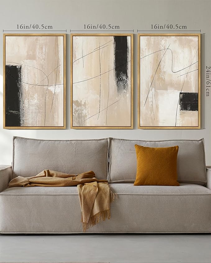 KUVIOKE Abstract Framed Wall Art Minimalist Beige Pastel Watercolor Neutral Wall Decor Modern Black Line Art Painting Home Decor 16x24in (Natural Framed)