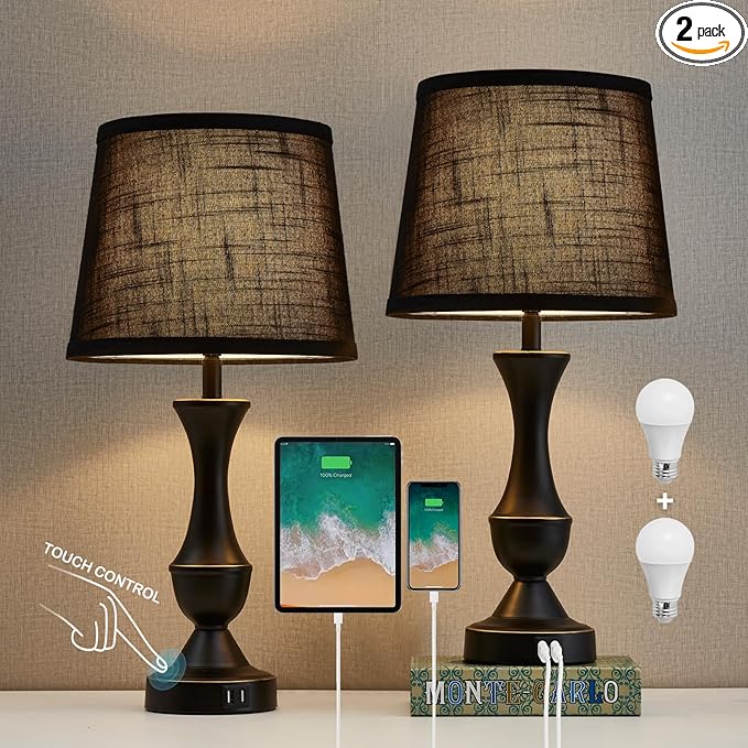 Luvkczc Black Touch Table Lamps Set of 2, 22" Tall Bedside Lamps with USB C+A Charging Ports, Nightstand Lamps for for Bedroom, Living Room, Office, with Black Lampshade, LED Bulb Included