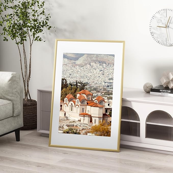 22x28 inch Metal Poster Frame - 22 x 28 Thin Aluminum Picture Frames Matted for 18x24 Photos, Artworks, Prints, Puzzle - High Definition Plexiglass - Vertical and Horizontal Display - Wall Hook Hanging Hardware Included - Gold, Set of 1