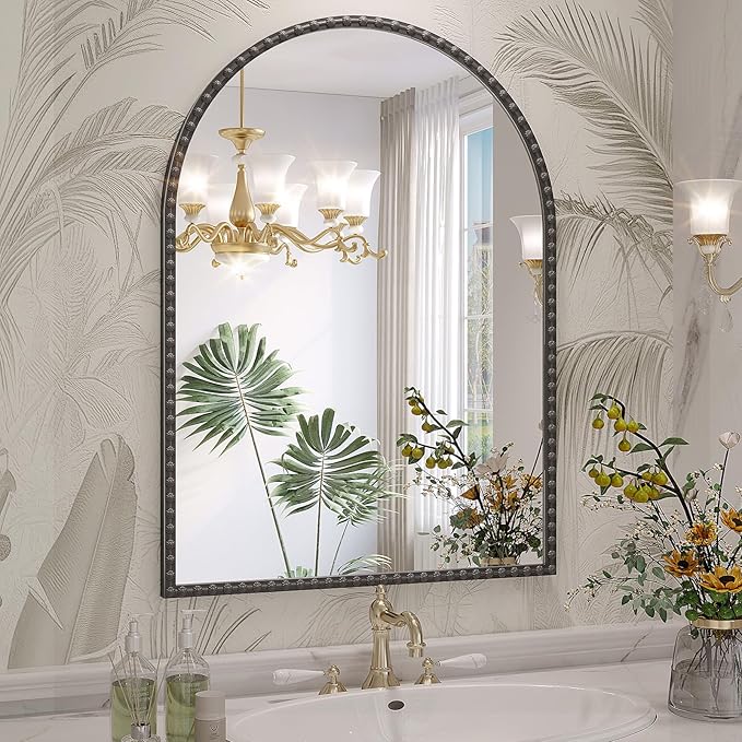 Arched Mirror for Wall, 22"x30" Black Arch Bathroom Vanity Mirror, Metal Floral Frame Decorative Arch Wall Mirror, Matte Black Arched Mirror for Washroom, Bedroom, Entryway, Living Room