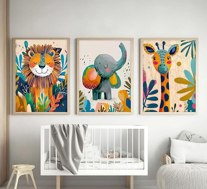3Pcs Safari Animal Nursery Canvas Wall Art Cute Watercolor Elephant Giraffe Lion Pictures Wall Decor Colorful Jungle Animals Posters Painting Prints for Kids Room Baby Boys and Girls Room, Unframed