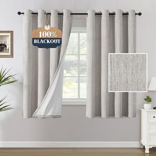 H.VERSAILTEX Chenille Linen Blackout Curtains for Bedroom 63 Inches Long Thermal Insulated Textured Linen Look Curtains with White Flocking Coating Back, Heathered Cloud(Not Solid)