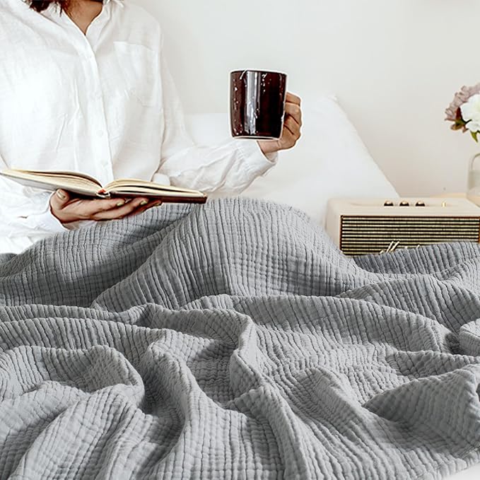 Carriediosa 100% Cotton Muslin Throw Blanket 108" X 90" King Size，4-Layers Summer Gauze Throws for Bed Couch，Soft Lightweight Breathable Linen Blankets Bedspread for Adults All Season，Grey