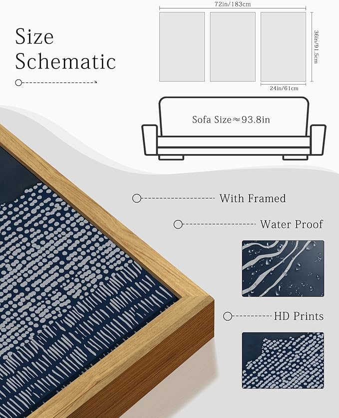 KUVIOKE Navy Blue Abstract Framed Wall Art Modern Neutral Minimalist Wooden Pastel Boho Wall Decor Farmhouse Rustic Art Painting Home Decor 24x36in (Natural Framed)